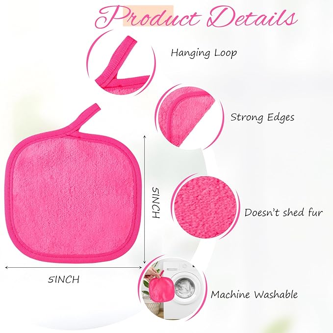 VitalCozy 10 Pack Makeup Remover Cloths, Makeup Remover Towels Reusable Face Cloth Eraser for Washing Face Microfiber Washcloth for Women Cleansing Just Water with Mesh Bag(Pink Colors)