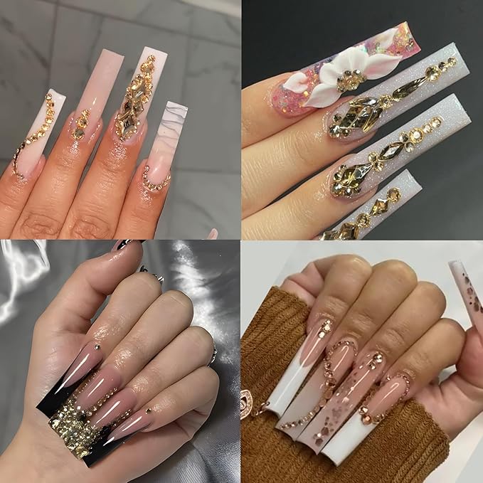 Yzzseven 12 Types of 600 Champagne Diamonds + 2500 Flat Rhinestones Mix 20 Styles Flatback DIY Crafts Rhinestone Crystals 3D Ornament‌s Flat Back Stones Set + Tweezers + Drill Pen