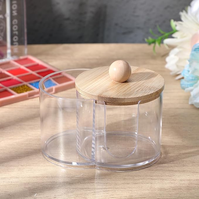 Quilax Cotton Round Holder, Dual Compartment Qtip Dispenser with Removable Dustproof Lid, Clear Plastic Cotton Pad Holder, Countertop Cottons Ball Holders Storage Container