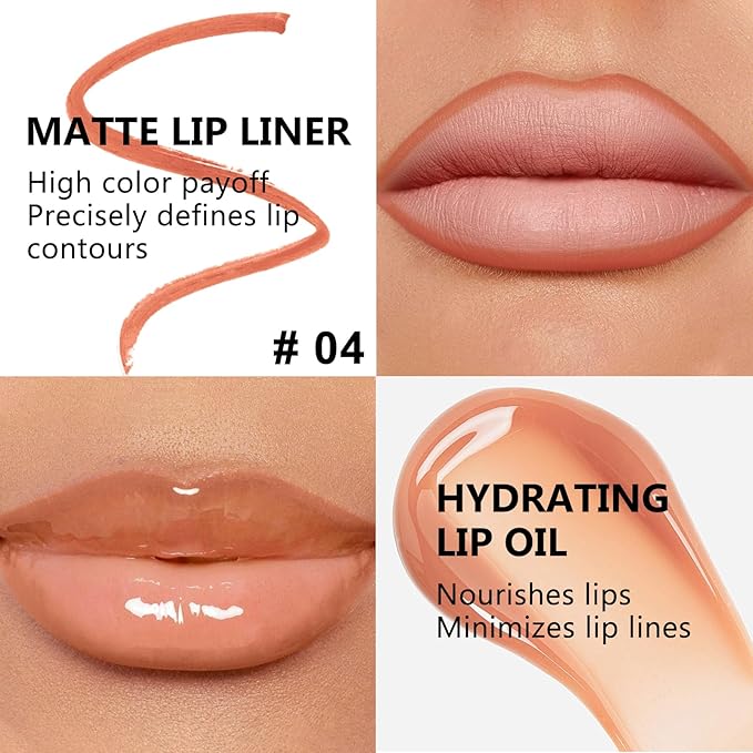 Jutqut Nude Lip Liner and Gloss Lip Kit, Waterproof Long-Lasting Combo Set with Matte Lip Liner Pencil and Non-Sticky Pluming Tinted Gloss, Highly Pigmented Lipliner Set for Women (04 Nude)