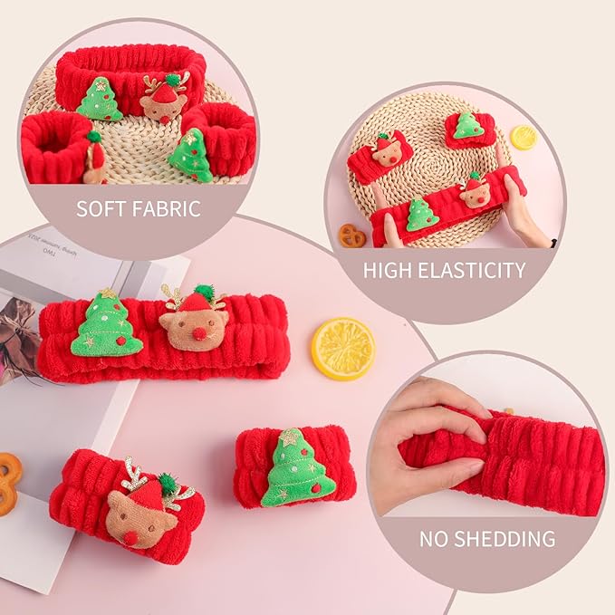 PERFECTSIGHT 2 Pack Cute Animal Headbands for Makeup Wash Shower Adjustable Elastic Hair Band for Girls and Women (Red Christmas)