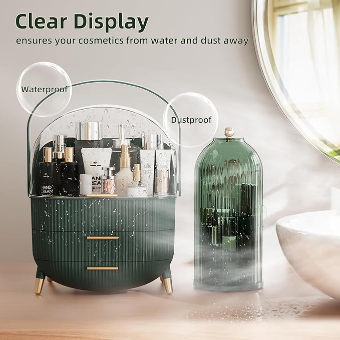 Makeup Organizers Countertop, Makeup organization for Vanity, Cosmetic Storage with Lid and Drawers, Skincare Display Cases with for Desktop, Bathroom (Green)