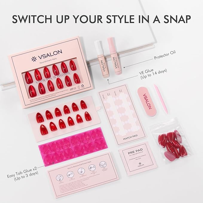 VSALON Press on Nails Short Almond - Red Cat Eye Chrome New Year Nails, Reusable Opaque Gel Fake Nails Kit with Glue & Cuticle Oil - 32 PCS Stick on Nails in 16 Sizes (Pulse red)