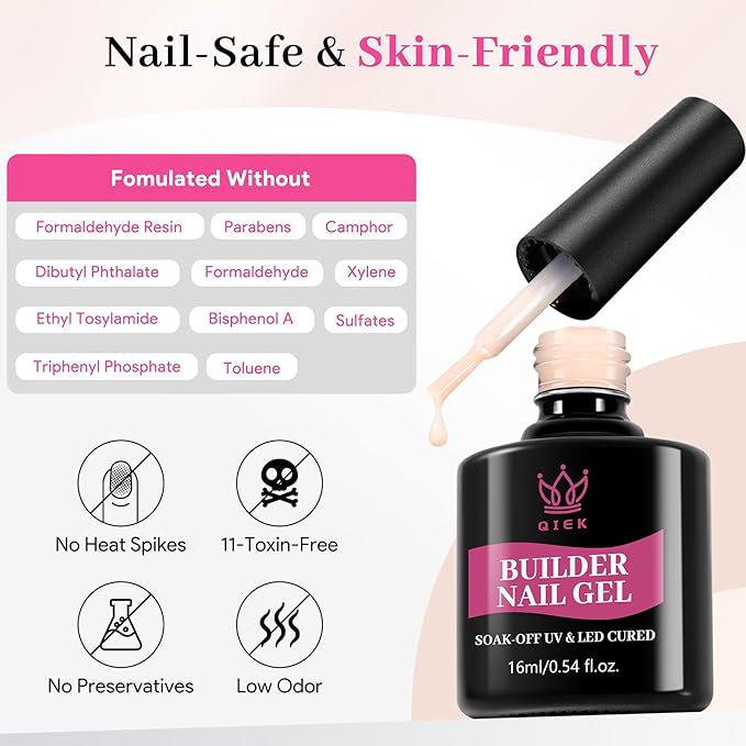 QIEK Builder Nail Gel Polish, 8-in-One Building Strengthener Apex Enhancement Extension Hard Jelly Nude Gel Polish LED Lamp Cured Rubber Base Coat for DIY Manicure Home Beauty Gifts for Women