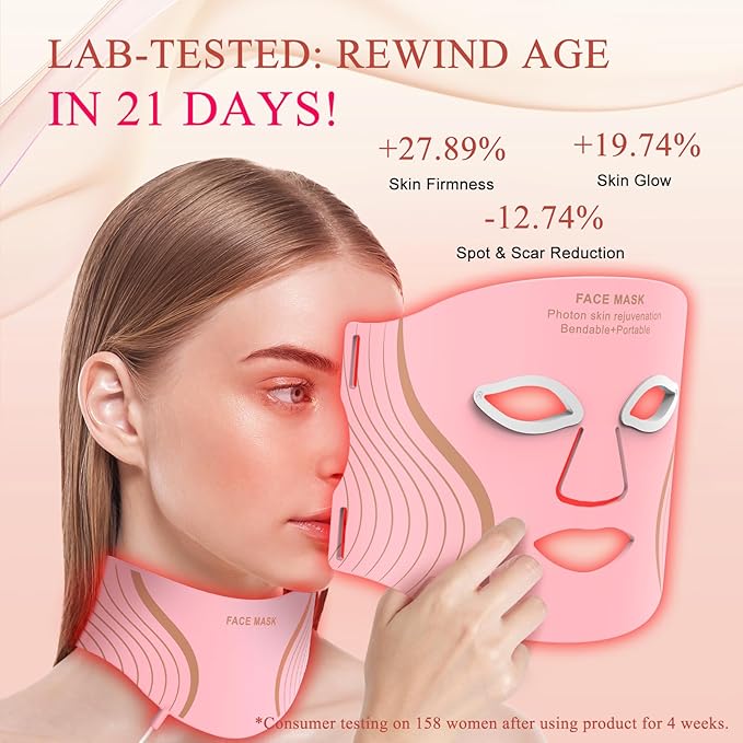Red Light Therapy for Face & Neck, LED Red Light Therapy Mask for Anti-Aging, Wrinkle Reduction, and Skin Firming, Rechargeable LED Face Mask Light Therapy, 7 Modes, 5 Levels, Home & Travel Use
