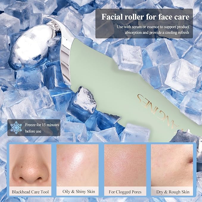 Vangines Blackhead Scraper Tool & Skin Scrubber Face Spatula for Blackhead Removal, Pore Cleaning, with Cooling Ice Roller & 2 Silicone Brush Heads (Sage Mist)