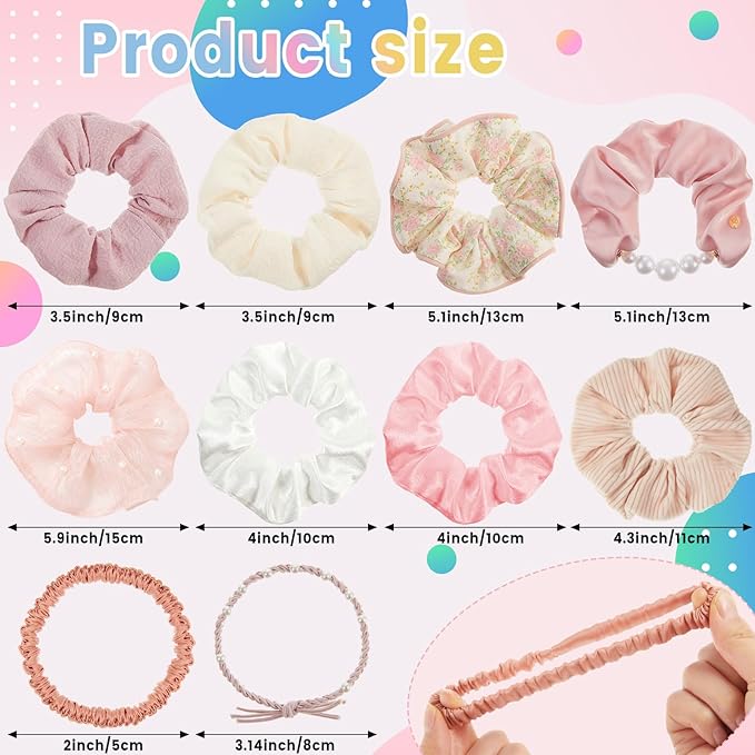 Canlierr 10 Pcs Pink Hair Scrunchies for Women Pink Silk Hairs Ties Bulk Big Satin Scrunchies Flower Hairs Ties Bulk White Cotton Elastic Hair Accessories Valentines Gifts for Women