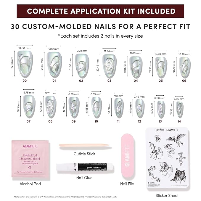 Glamnetic Press On Nails x Harry Potter™ - Unicorn Blood | Short Almond Fake Nails with Silver Chrome & 3D Swirl Design, Salon Quality Officially Licensed | 15 Sizes - 30 Nail Kit with Glue