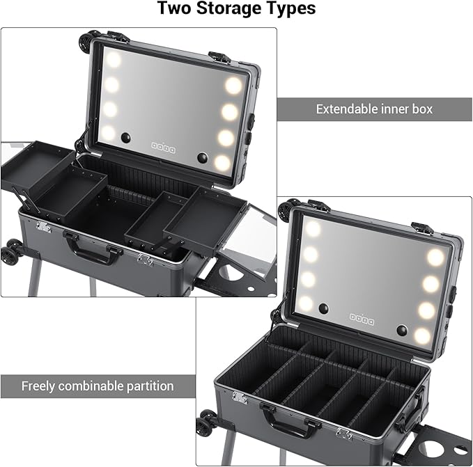 Rolling Makeup Train Case with Lighted Mirror and Bluetooth Speaker Professional Cosmetic Organizer Case with Wheels, Stands Portable Makup Station Vanity for Travel (Gray, Small)