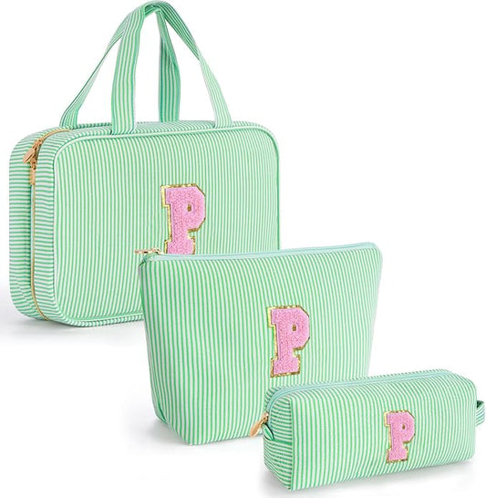 Monogram Cute Initial Toiletry Makeup Bag - Personalized Cosmetic Toiletry Pouch Make Up Case for Women,Her Friend,Sister,Teacher,Birthday Gifts - Green P