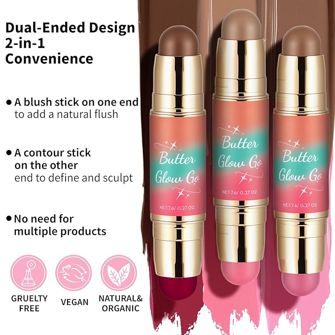 Dual-Ended Blush and Bronzer Stick – 2-in-1 Creamy Face Cheeks Contour Makeup, Smooth Hydrating Formula, Buildable Color for Natural Radiant Glow Beauty For Women (Sunkissed Rose)