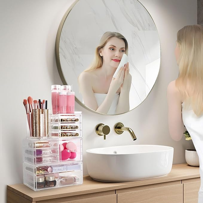 AUOIKK Clear Makeup Organizer with 9 Drawers & Rotating Brush Holder - Large Capacity Cosmetic Display Cases Storage for Vanity, Countertop, Bathroom, Lipstick and Skincare Organization