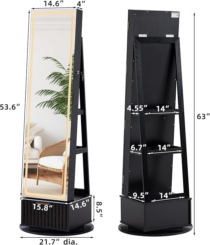 Fluted 360° Swivel Jewelry Armoire Cabinet Standing with Full Length Mirror, Lockable Jewelry Organizers and Drawer Storage with 3 Color LED Lights & Interior Mirror Rear Storage Shelves