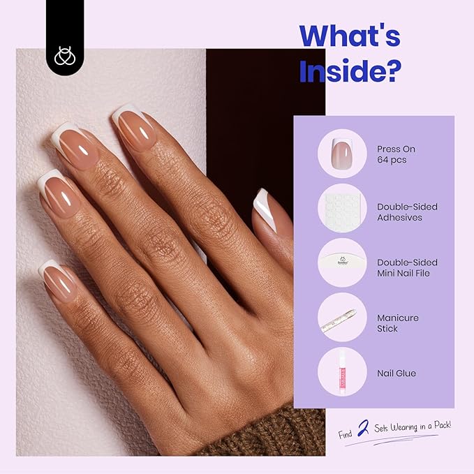 Beetles Short Square French Tip Press On Nails Brown 64 Pcs Pre-Shaped Fake Nails Reusable Nail Kit with Quick-drying Nail Glue Mini Manicure File DIY Home Salon in 16 Sizes Gifts for Women Girls