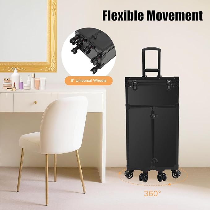 Professional Rolling Makeup Case 4 Drawers Makeup Travel Case for Makeup Artist, Hairstylists, Large Storage Cosmetic Case Trolley, Make-up Travel Organizer with Key Swivel Wheels