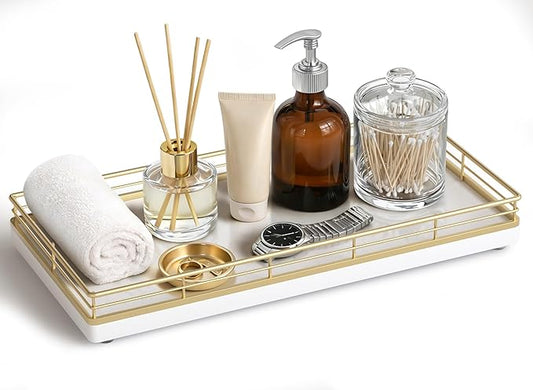 Bathroom Vanity Tray – 12" x 6" Oak Decorative Wooden Tray for Toilet Tank Organizer Wood Tray for Bathroom Countertop, Soap, Perfume & Accessories Storage, Vanity & Dresser Decor, Gold & White