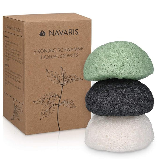 Navaris Konjac Sponges - Set of 3 - Facial & Body Konjac Sponge Puffs - Exfoliating & Cleansing Sponges for Bath & Shower - Green, Black, White