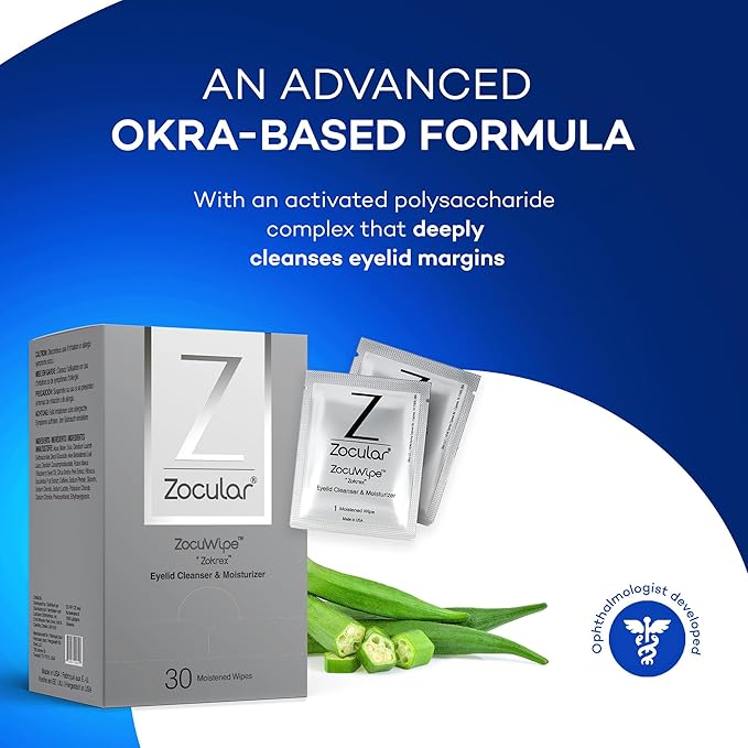 Zocular ZocuWipe Eyelid Cleansing Wipes with Natural Okra Complex – Gentle Daily Eyelid Cleanser & Moisturizing Pads – Makeup Remover & Eye Hygiene Wipes – 30 Count