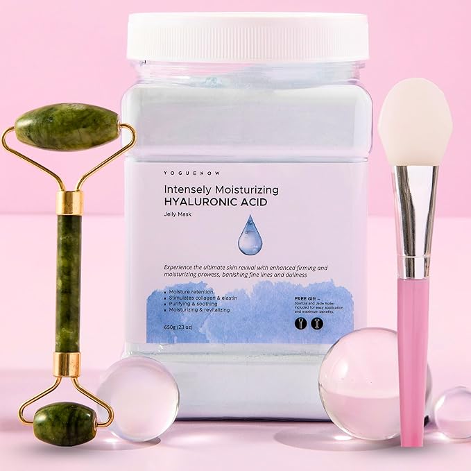 Jelly Face Mask for Facials - Hyaluronic Acid Hydrating, Brightening & Nourishing Jelly Mask with Free Jade Roller & Spatula | Professional Hydrojelly Masks | Vajacial Jelly Mask Powder | 23 Oz Jar