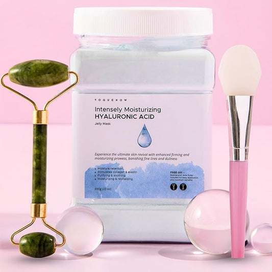 Jelly Face Mask for Facials - Hyaluronic Acid Hydrating, Brightening & Nourishing Jelly Mask with Free Jade Roller & Spatula | Professional Hydrojelly Masks | Vajacial Jelly Mask Powder | 23 Oz Jar