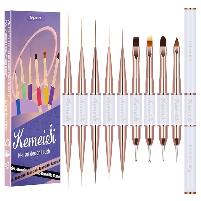 KEMEISI Nail Art Brush Set, 9PCS Double-Ended Acrylic Liner Brush Dotting Pen for Gel Polish, Nail Design Tools for Professional Manicure DIY Home Salon