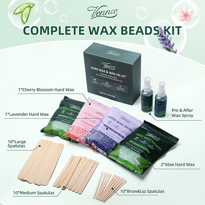 Vennco Hard Wax Beads Kit for Hair Removal, 36 Pieces Wax Beads for Full Body, Face, and Brazilian Bikini, Aloe, Lavender, Cherry Blossom - Includes Pre and Post Wax Oils