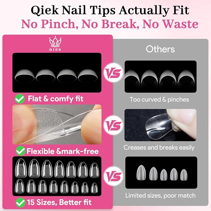 Qiek Short Almond Nail Tips - 15 Sizes 240 PCS Half Matte Full Cover Clear Fake Nails Pre-shaped Press On False Nail Tips Acrylic Soft Nail Gel Tips No C Curve Extension Manicure Home DIY Gelly Tips