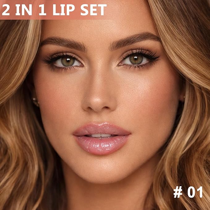 Jutqut Pink Lip Liner and Gloss Lip Kit, Waterproof Long-Lasting Combo Set with Matte Lip Liner Pencil and Non-Sticky Pluming Tinted Gloss, Highly Pigmented Lipliner Set for Women (01 Light Pink)