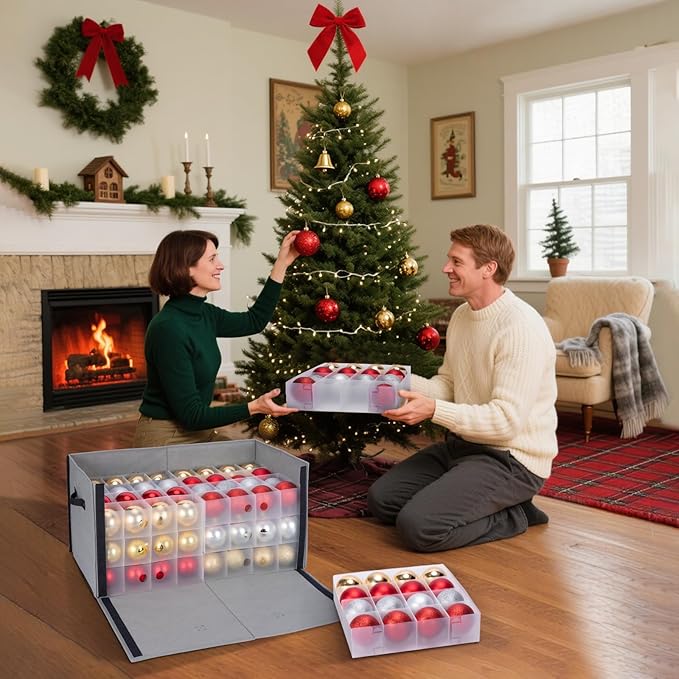 BALEINE Christmas Ornament Storage Box with Dividers, Premium Holiday Ornaments Storage Container Bin for Xmas Decorations (128 Ball, Green, Hard)