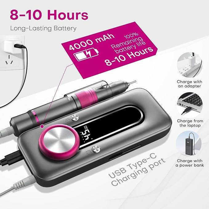TUOBEO Nail Drill Electric Nail File Kit 45000 RPM Professional Efile Nail Set,Cordless Portable Rechargeable Acrylic Gel Nail Polish Remover Machine Pedicure Manicure Tool for Salon Home Gray