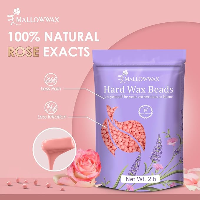 Mallowwax Hard Wax Beads for Hair Removal, 2LB – Premium Hair Removal Wax Refill for Sensitive Skin with Rose Formula, Ideal for Facial and Brazilian Areas