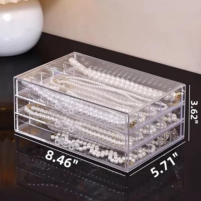 Feadily 1PCS Acrylic Jewelry Organizer Box, Jewelry Drawer Organizer With 3 Drawers 18 Grids, Necklace Organizer, Clear