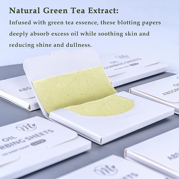 Natural Face Oil Blotting Paper -Bamboo Charcoal 600 Counts, Easy Dispensing Oil Absorbing Sheets, Premium Handy Facial Blotting Papers - Face Skin Care or Beauty Make Up Must Have (White-Green Tea)