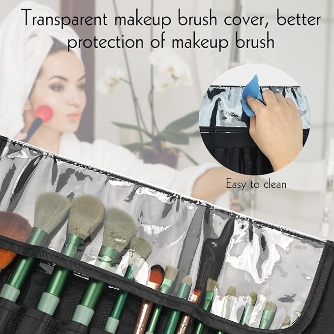 LUEXBOX Portable Folding Makeup Brush Bag, Multifunctional Cosmetics Rolling Storage Case Makeup Brush Holder for Travel, Makeup Brush Organizer Bag (Black)