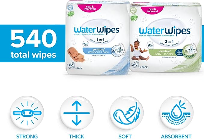 WaterWipes Bundle, Original 300 Count (5 packs) & Textured Clean Wipes 240 Count (4 packs), Plastic-Free, 99.9% Water Based Wipes, Unscented, Hypoallergenic for Sensitive Skin, Packaging May Vary
