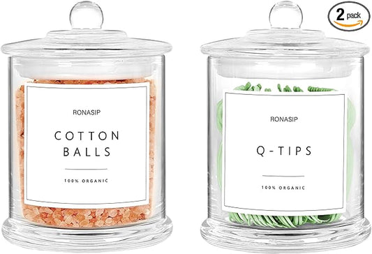 Ronasip Qtip Holder & Cotton Pad Dispenser, Bathroom Organizer and Storage Canisters, 16oz Glass Apothecary Jars for Kitchen, Restroom - Home Decor, Room Decor Aesthetic (2 Pack, Transparent)