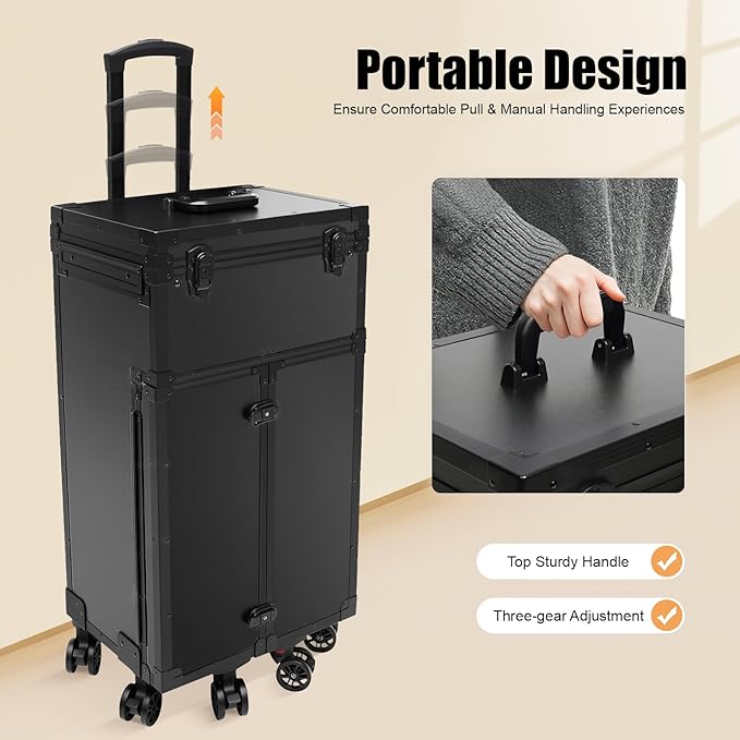 Professional Rolling Makeup Case 4 Drawers Makeup Travel Case for Makeup Artist, Hairstylists, Large Storage Cosmetic Case Trolley, Make-up Travel Organizer with Key Swivel Wheels