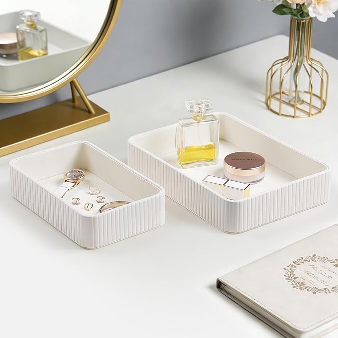 MEIBOOCH 2 Pack Nightstand Organizer Tray, Decorative Perfume Valet Tray Trinket Dish Catch All Purse Key Bowl, PU Leather Coffee Table Trays for Vanity Dresser Bedside Bathroom Countertop (Ivory)