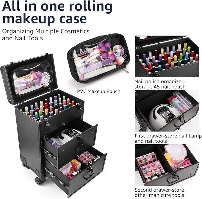 Yokilly Rolling Makeup Train Case, Professional Cosmetology Case on Wheels, Aluminum Cosmetic Trolley Travelling Cart Trunk with Swivel Wheels, Sliding Drawer & Keys for Nail Technician Stylist(Black)