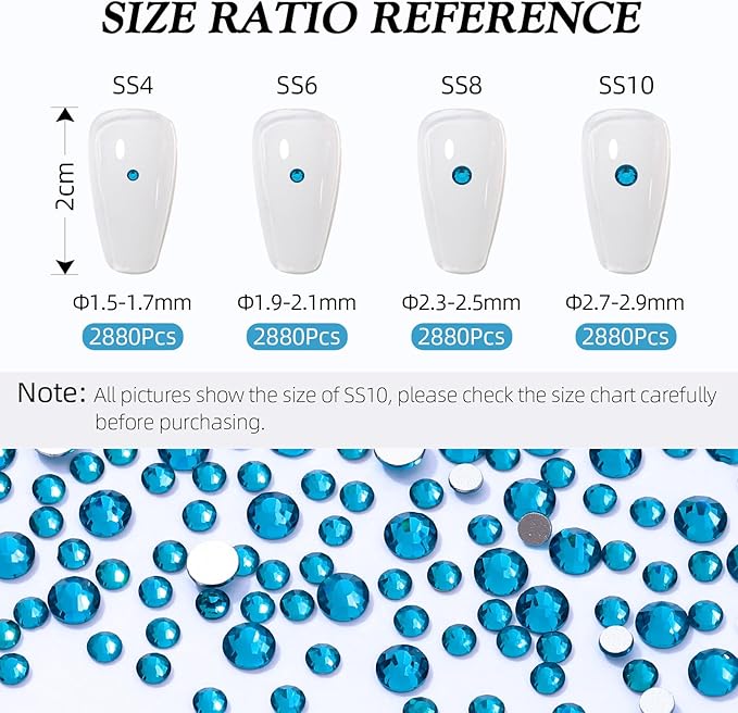Meibite Malachite Blue Flatback Rhinestones, Glass Rhinestones for Nail Art and Craft, Glue Fix, Loose Crystal Gemstones(Malachite Blue, SS8, 2880pcs, 2.3-2.5mm)