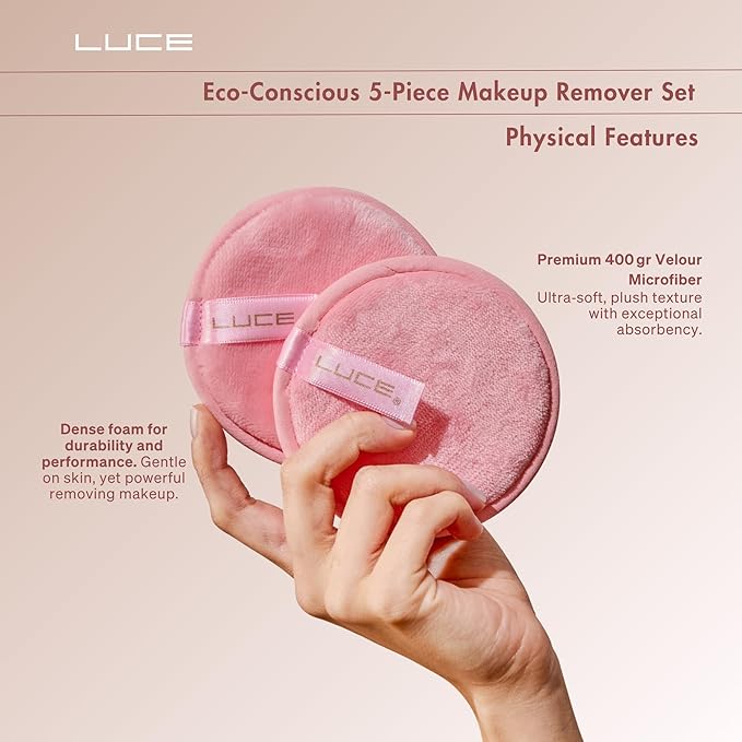 LUCE Lazy Eraser Makeup Remover Pads - Reusable Makeup Remover Pads (Pink, 5-Pack)
