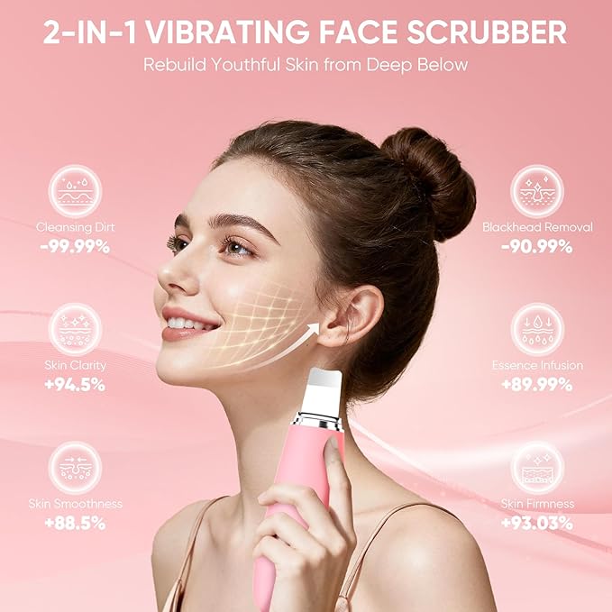 Silicone Face Scrubber Blackhead Scraper Rechargeable 2-in-1 Facial Cleansing Brush & Skin Spatula Duo, IPX7 Waterproof Exfoliating Massager Deep Cleansing for Women and Men（Baby Pink）