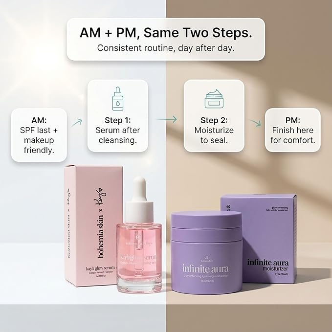Kay’s Glow Serum + Infinite Aura Moisturizer – Oxygen-Infused THDA Vitamin C with Gentle AHA for Face and neck | Hydrates, Soothes and Brightens Bundle