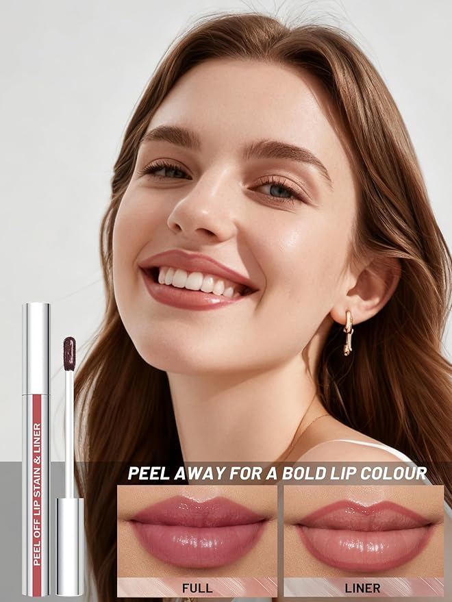 QCMME Lip Stain Peel Off Lip Liner Stain with Tweezer, Long Lasting Matte Lip Tint Tattoo, Highly Pigmented Color Lip Makeup, Waterproof Lipstick, Transfer-proof Lipstain for Women, Warm Rose
