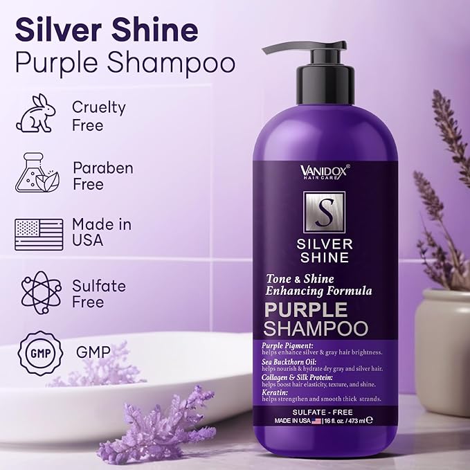 VANIDOX Brass Toning Purple Shampoo for Grey and Silver Hair, Infused with Purple Pigment, Sulfate Free Shampoo for Gray and Silver Hair (16 fl oz)