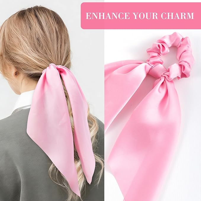 YALOJE 3PCS Scarf Scrunchies with Long Tails, Elastic Silky Satin Bow Hair Ties for Women, Ribbon Hair Scarf Scrunchy, Ponytail Holders Hair Decoration for Women -Pink, Blue, Purple