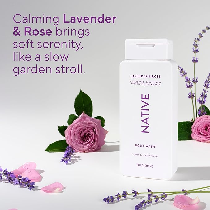 Native Body Wash Contains Naturally Derived Ingredients | For Women & Men, Sulfate, Paraben, & Dye Free Leaving Skin Soft and Hydrated | Lavender & Rose 18 oz - 2 Pk