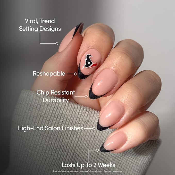 Glamnetic x Fanatics Press On Nails - Houston Texans | Short Almond Fake Nails, NFL Texans Blue French Tips, Football Nails, Salon-Quality | 15 Sizes - 30 Nail Kit with Glue