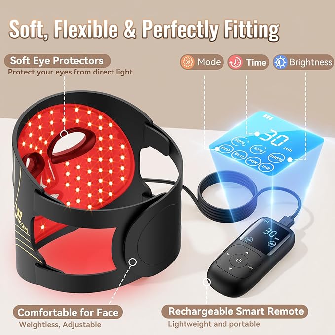 WAYCOM Red Light Therapy Mask: 400 Beads Portable Light Therapy for Face - 4-Modes Portable 850NM Infrared & Red Light Mask at Home Travel - Gift for Loved Ones/Valentine's Day/Birthday/New Year