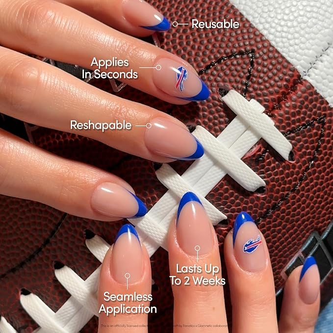Glamnetic x Fanatics Press On Nails - Buffalo Bills | Short Almond Fake Nails, NFL Bills Blue French Tips, Football Nails, Salon-Quality | 15 Sizes - 30 Nail Kit with Glue